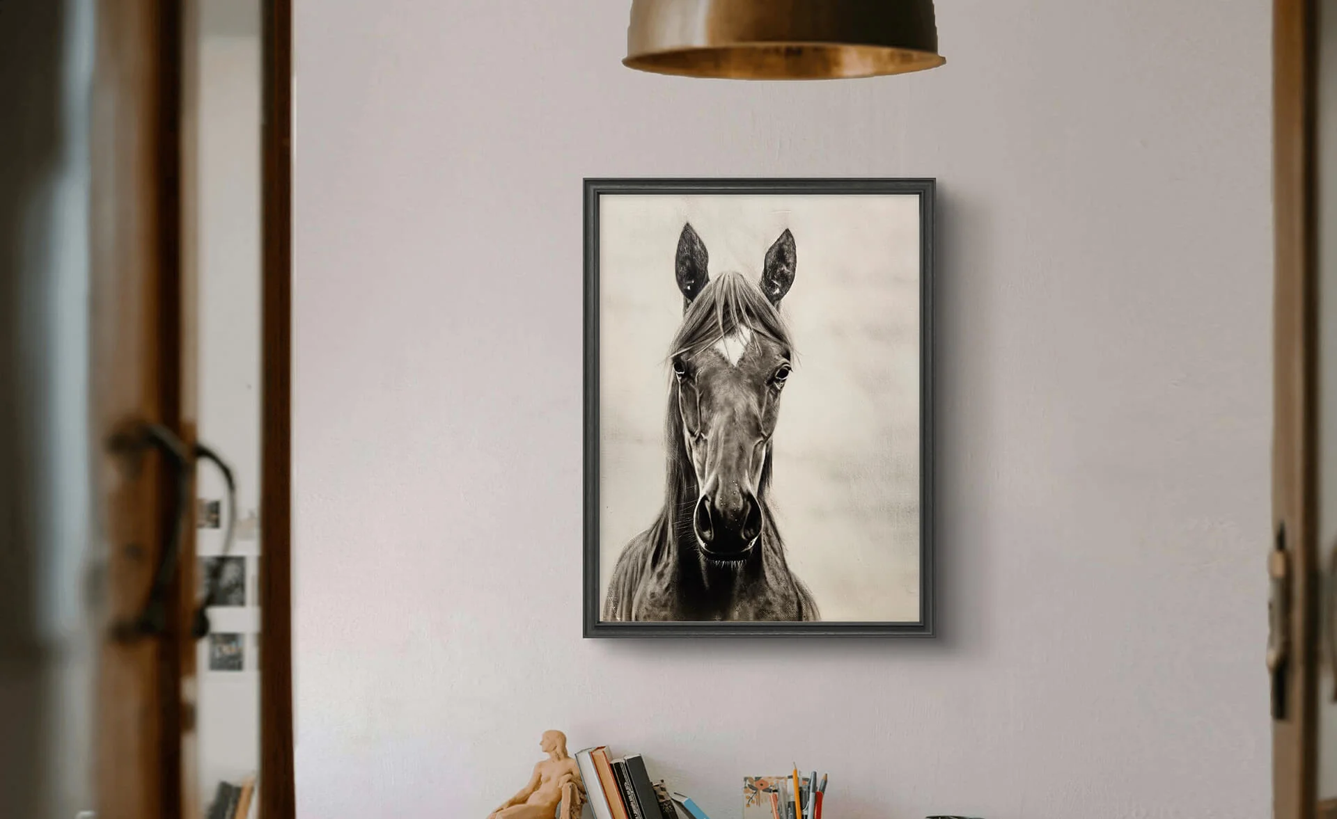 unique art print of airbrushed painting of horse by artist Amber Bahm hanging on wall