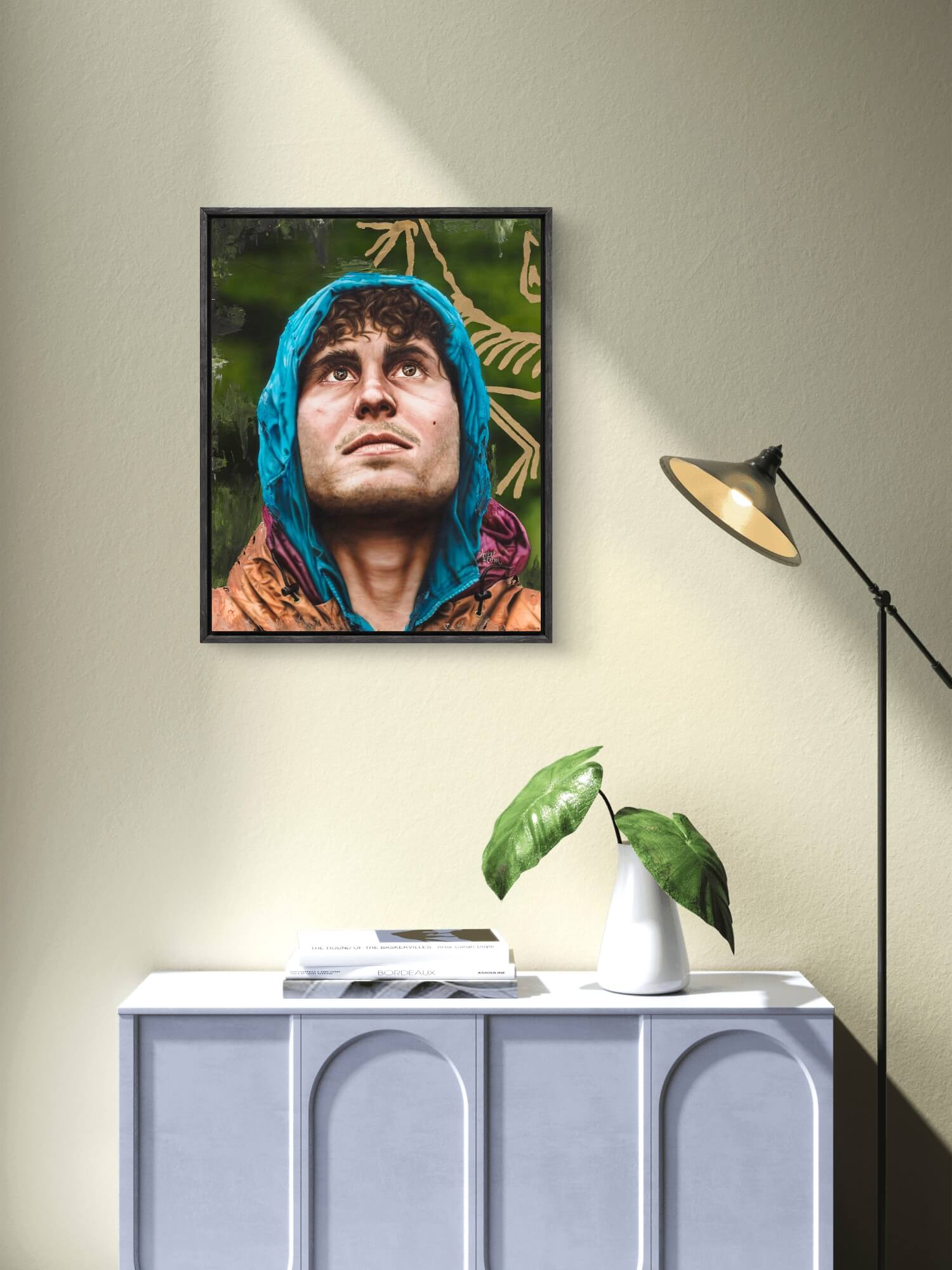 framed canvas print of the alpinist painting hanging on wall