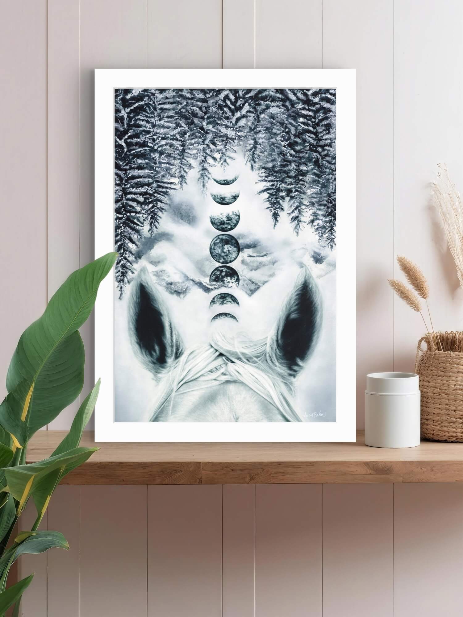 art print of horses ears and moon phases and snowy forest