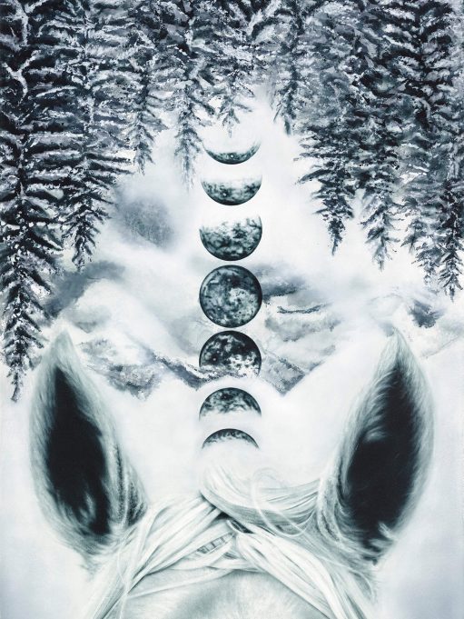 original painting by canadian artist amber bahm showing a horses ears, moon phases and forest landscape