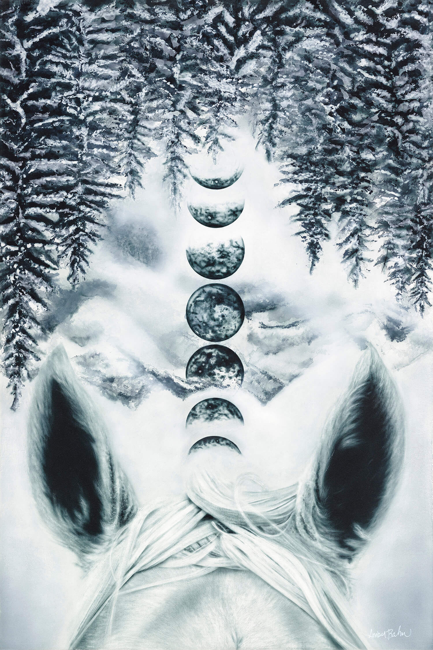 original painting by canadian artist amber bahm showing a horses ears, moon phases and forest landscape