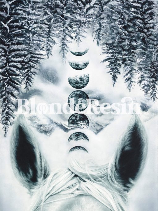 Painting of horses head, moon phases and snowy forest by Blonde Resin
