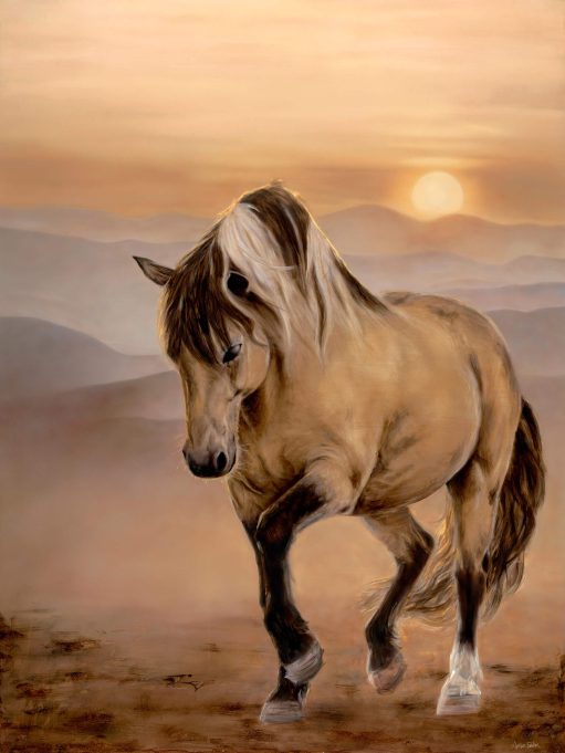 year of the first horse - beautiful original painting of a buckskin with a sunset background