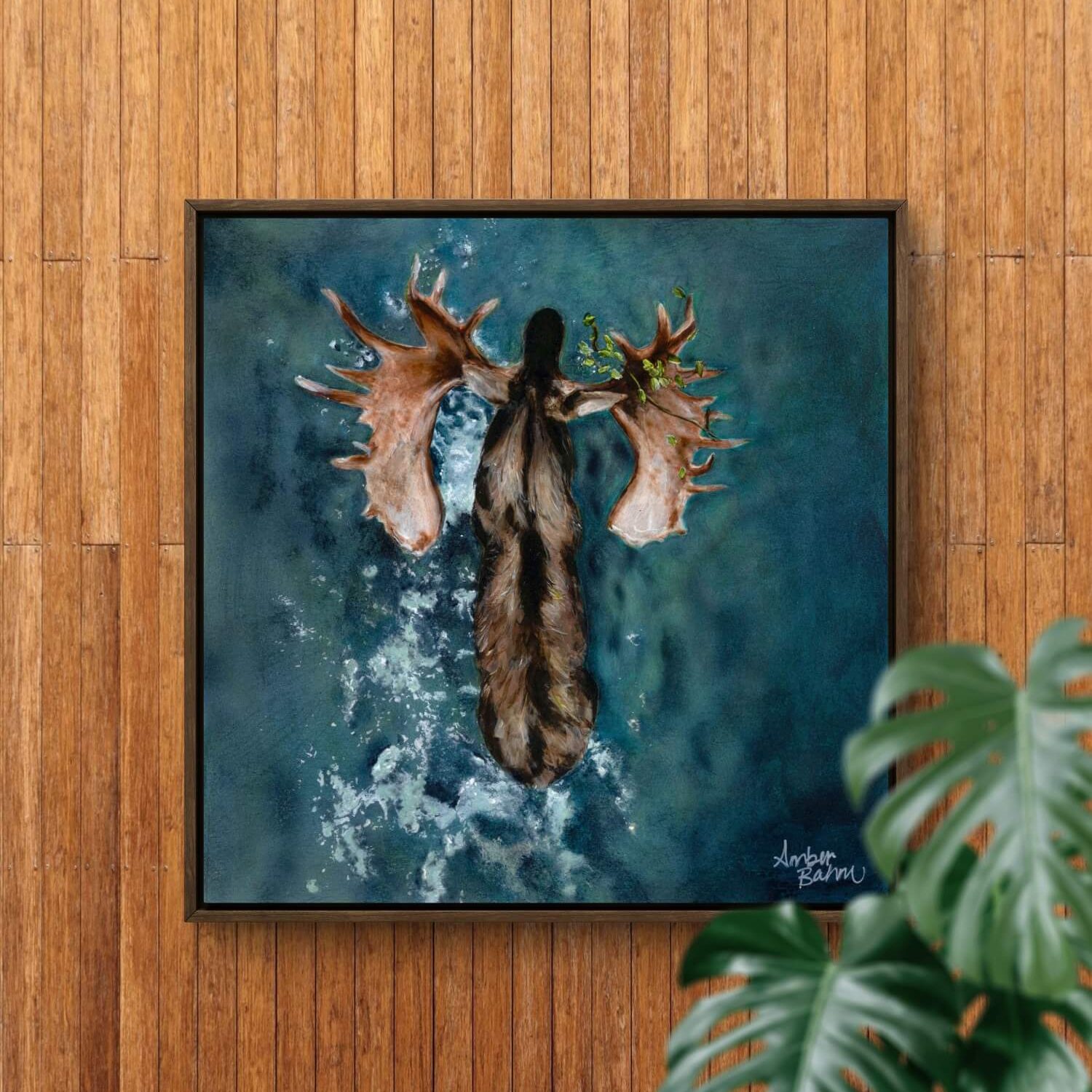 aerial painting of moose canvas print in brown float frame