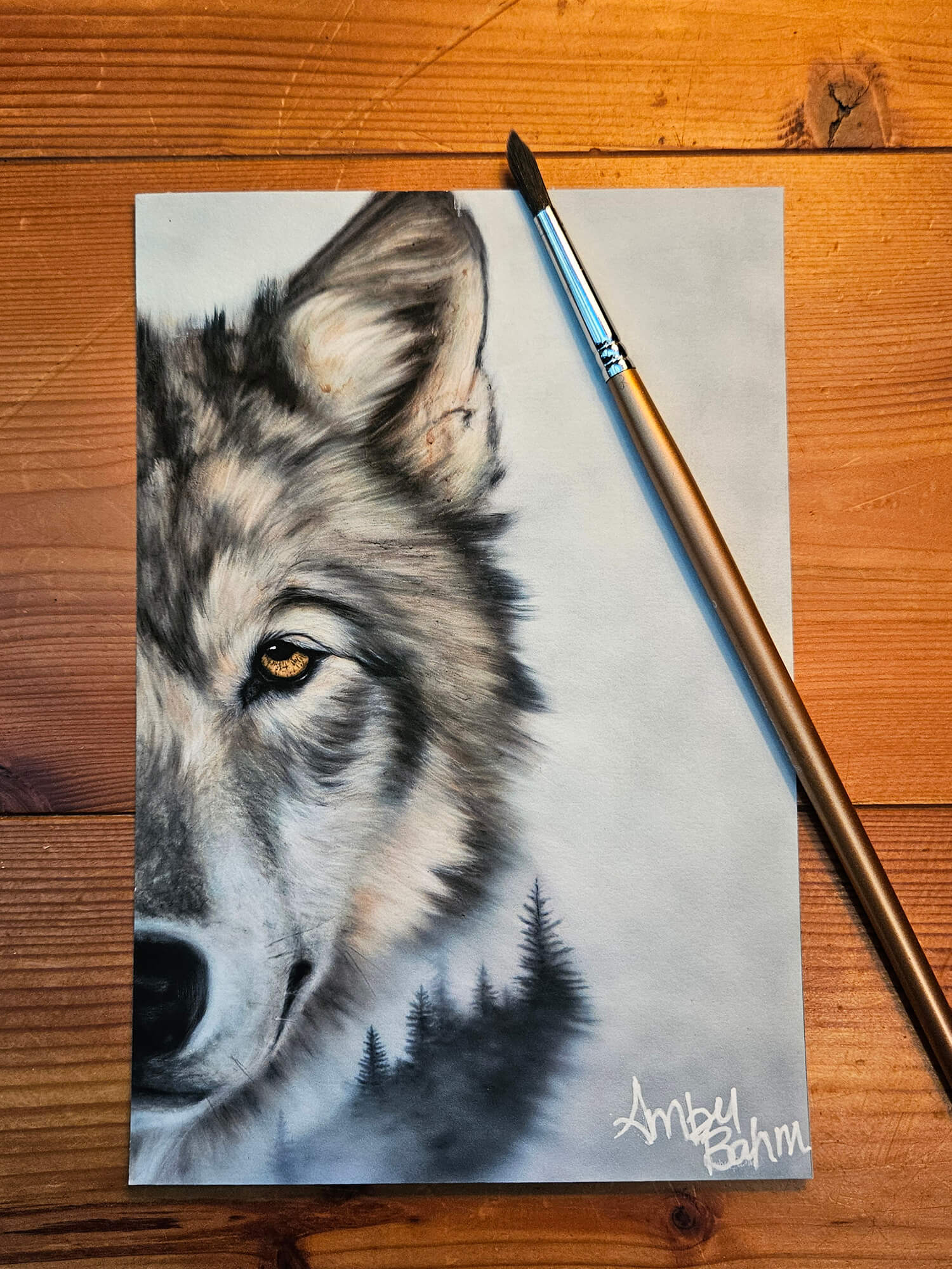 postcard sized fine art print of original wolf and forest painting by Amber Bahm