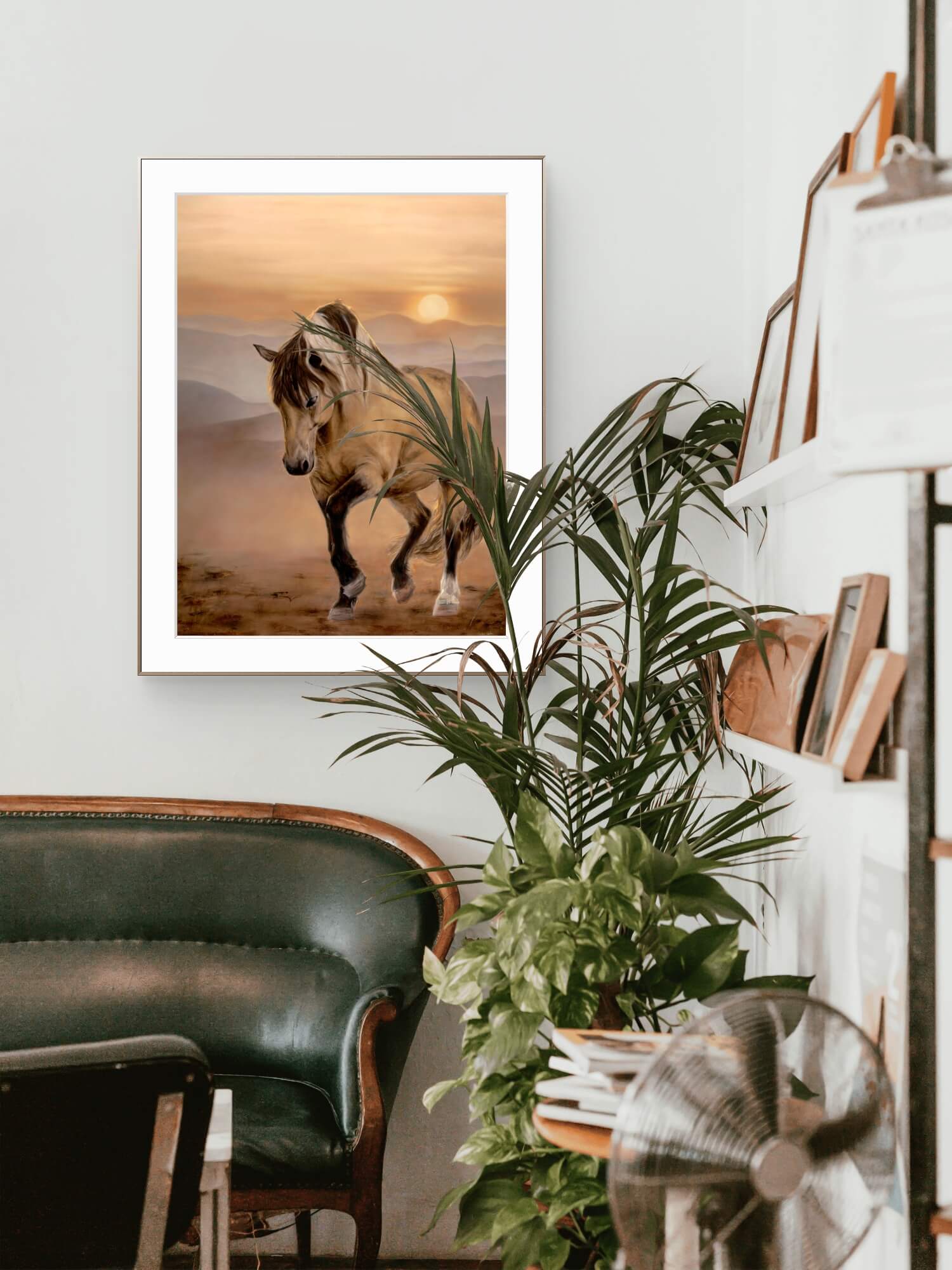 equestrian horse art print hanging in living room with contemporary decor
