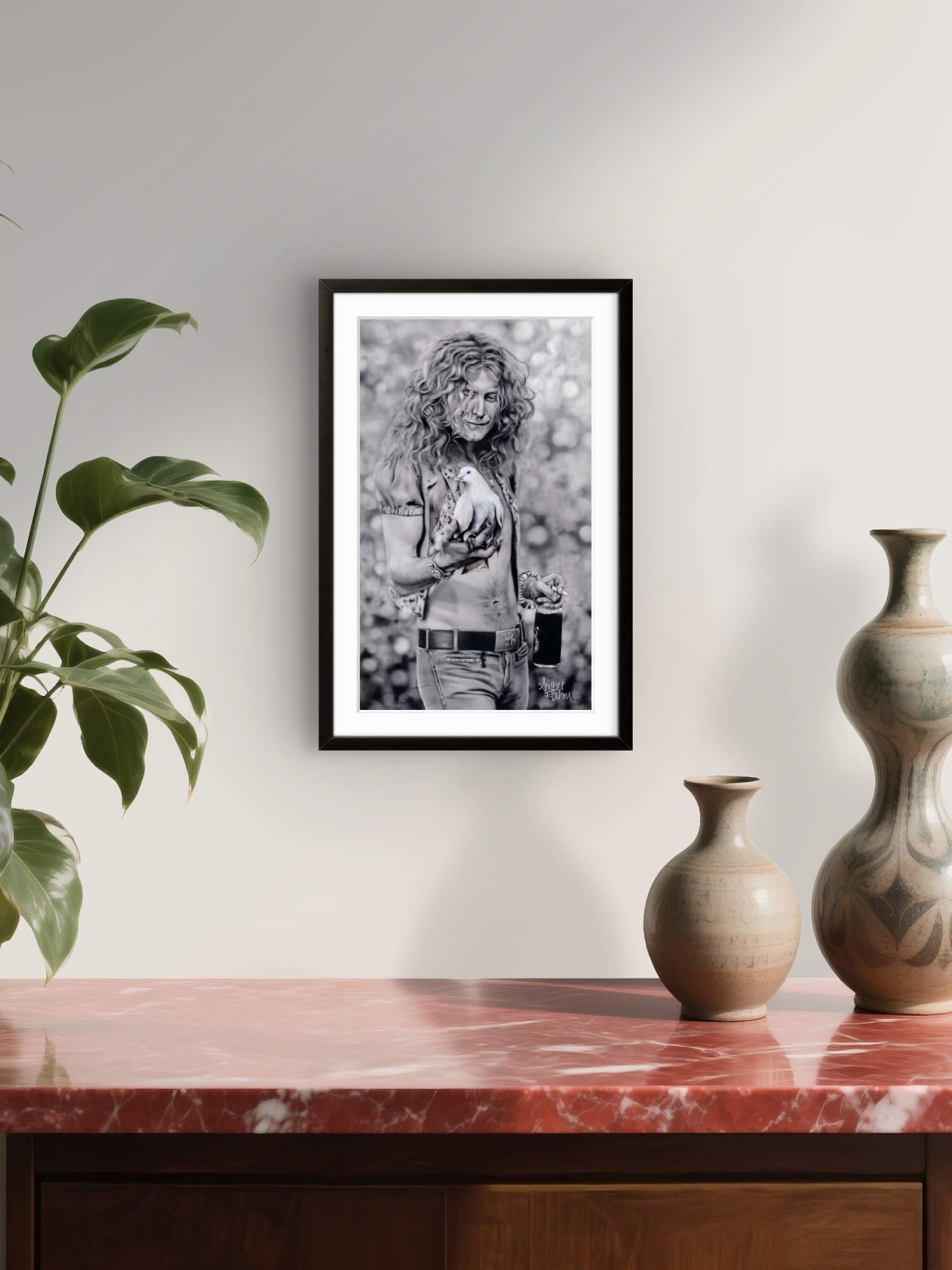 Robert Plant from Led Zeppelin holding dove fine art print