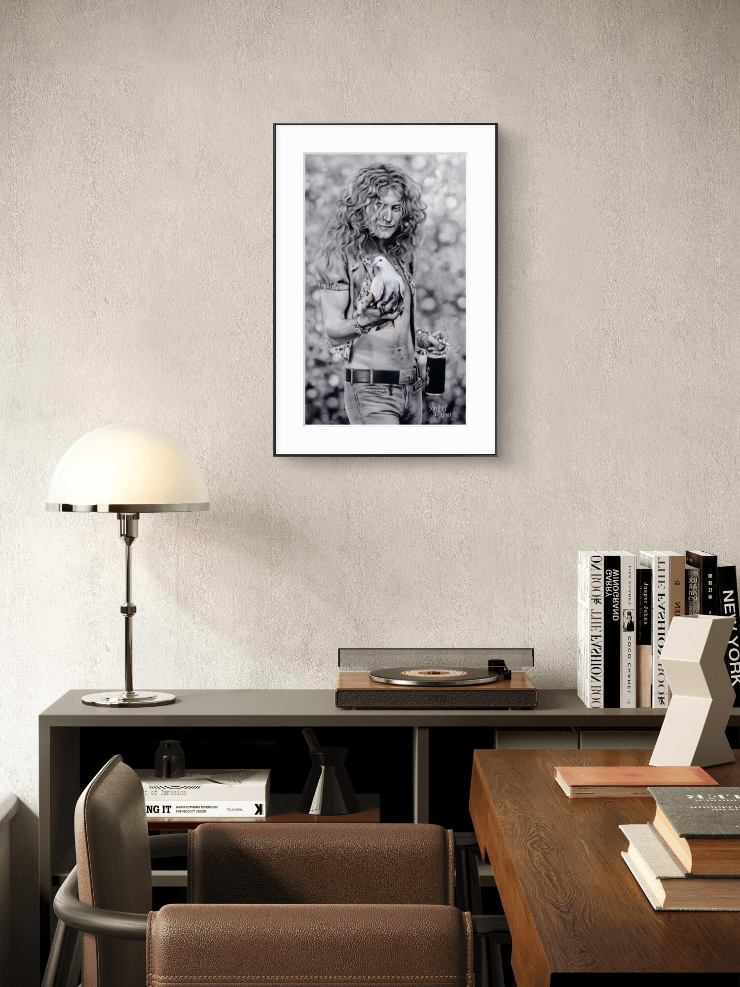 Robert Plant from Led Zeppelin holding dove wall art hanging above record player