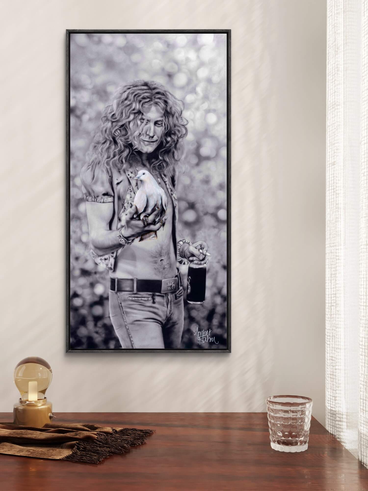 Framed canvas wall art print of Robert Plant from Led Zeppelin holding dove