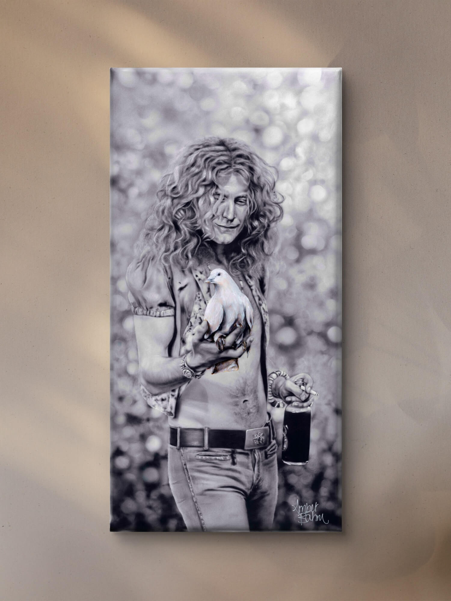 Robert Plant from Led Zeppelin holding dove canvas wall art