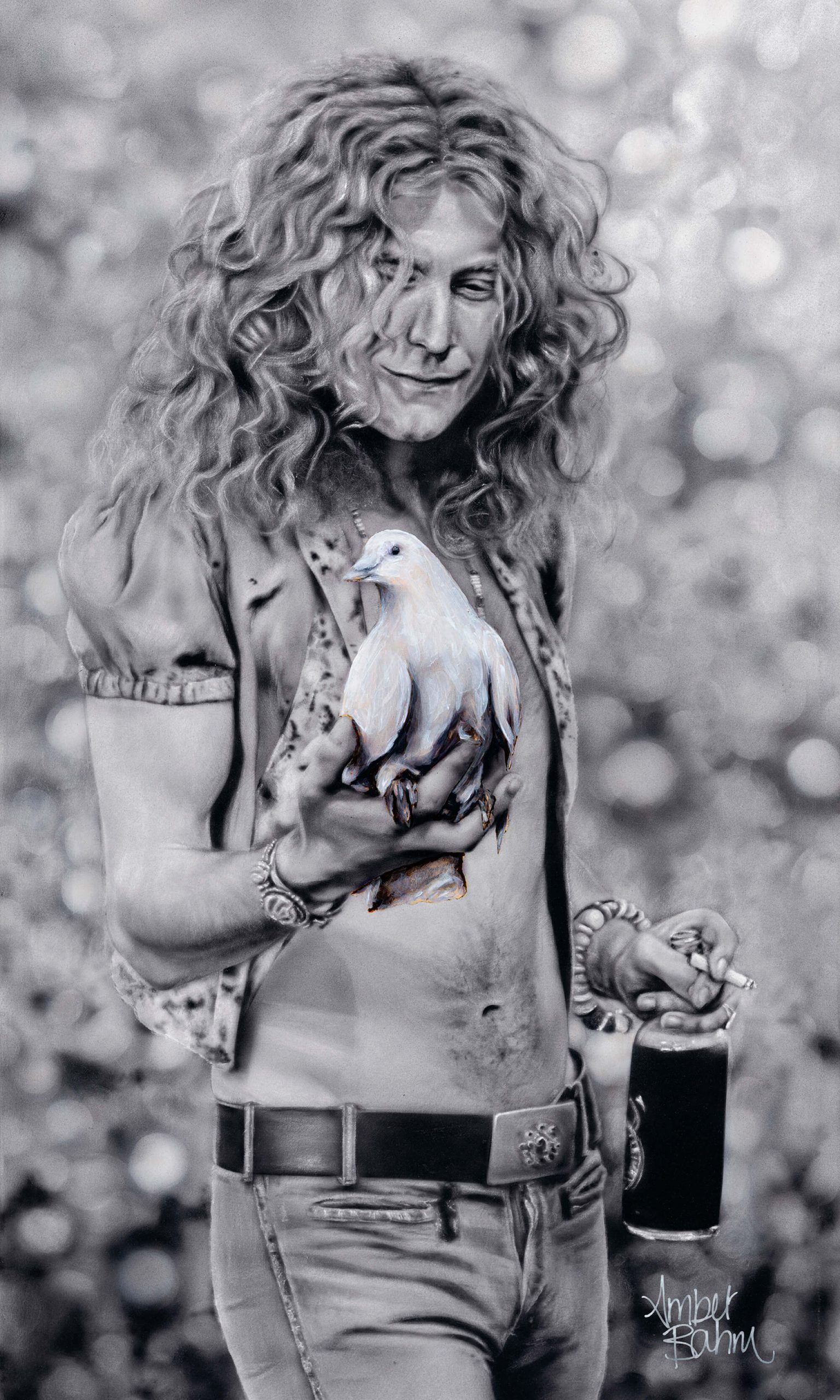 realism airbrush painting of robert plant from led zeppelin